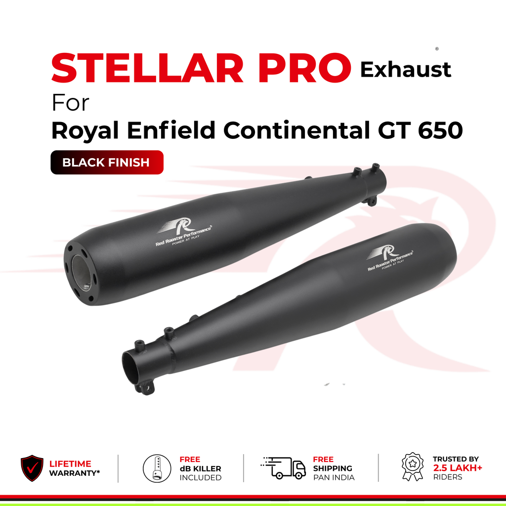 Black exhaust pipes for Royal Enfield Interceptor 650 motorcycle, branded Stellar Pro, shown on a white background with promotional text and feature icons.