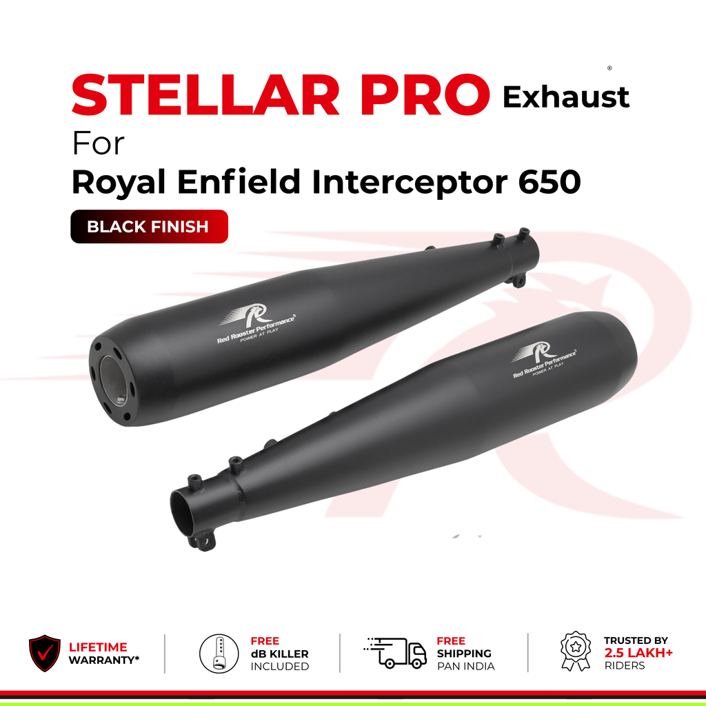 Black exhaust pipes for Royal Enfield Interceptor 650 motorcycle, branded Stellar Pro, shown on a white background with promotional text and feature icons.