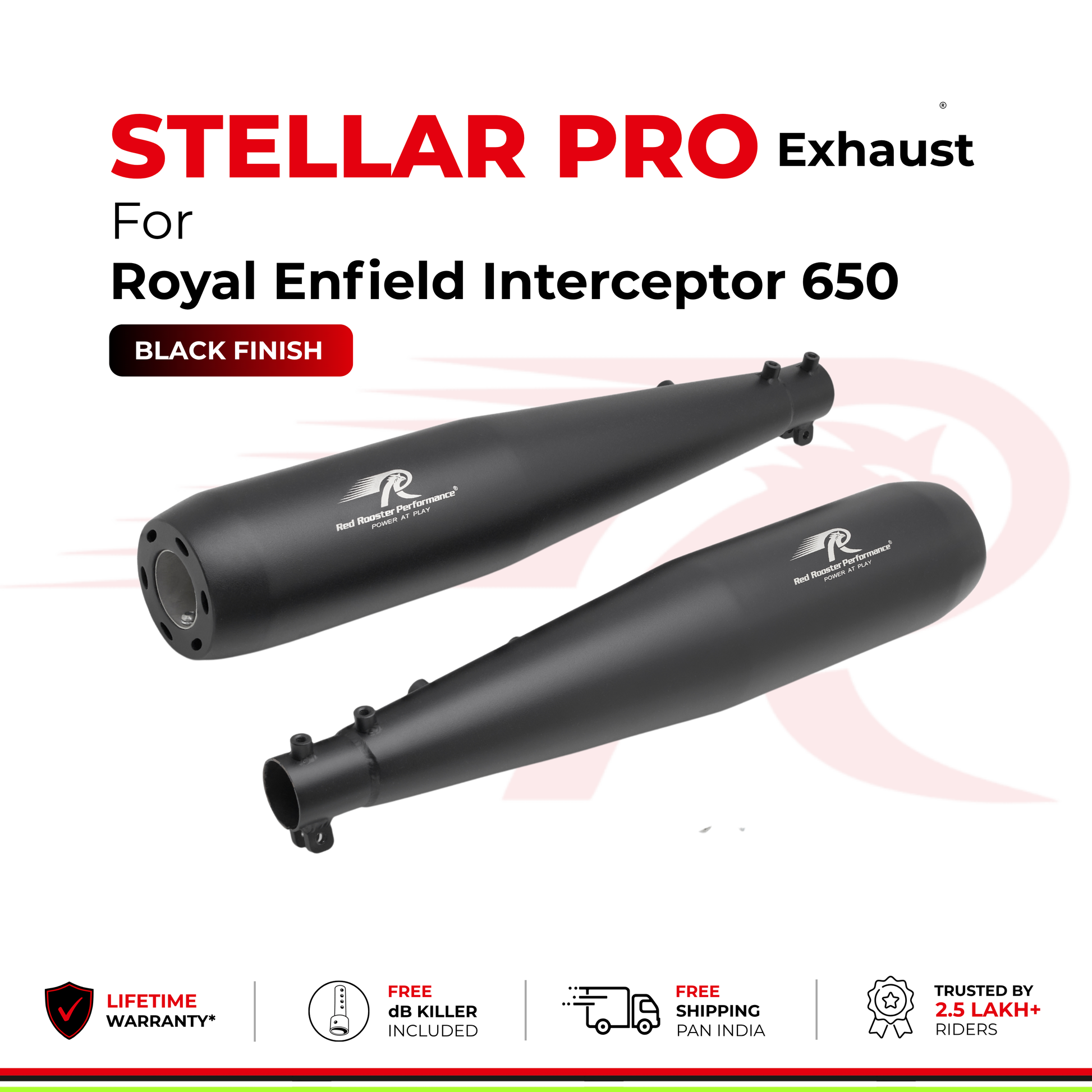 Black exhaust pipes for Royal Enfield Interceptor 650 motorcycle, branded Stellar Pro, shown on a white background with promotional text and feature icons.