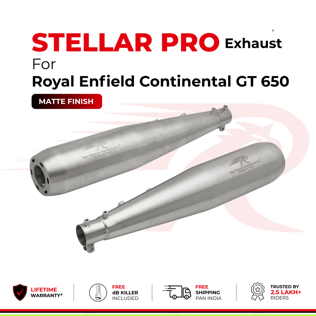 Two metallic matte exhaust pipes for a Royal Enfield Continental GT 650, shown on a white background with promotional text and feature icons.