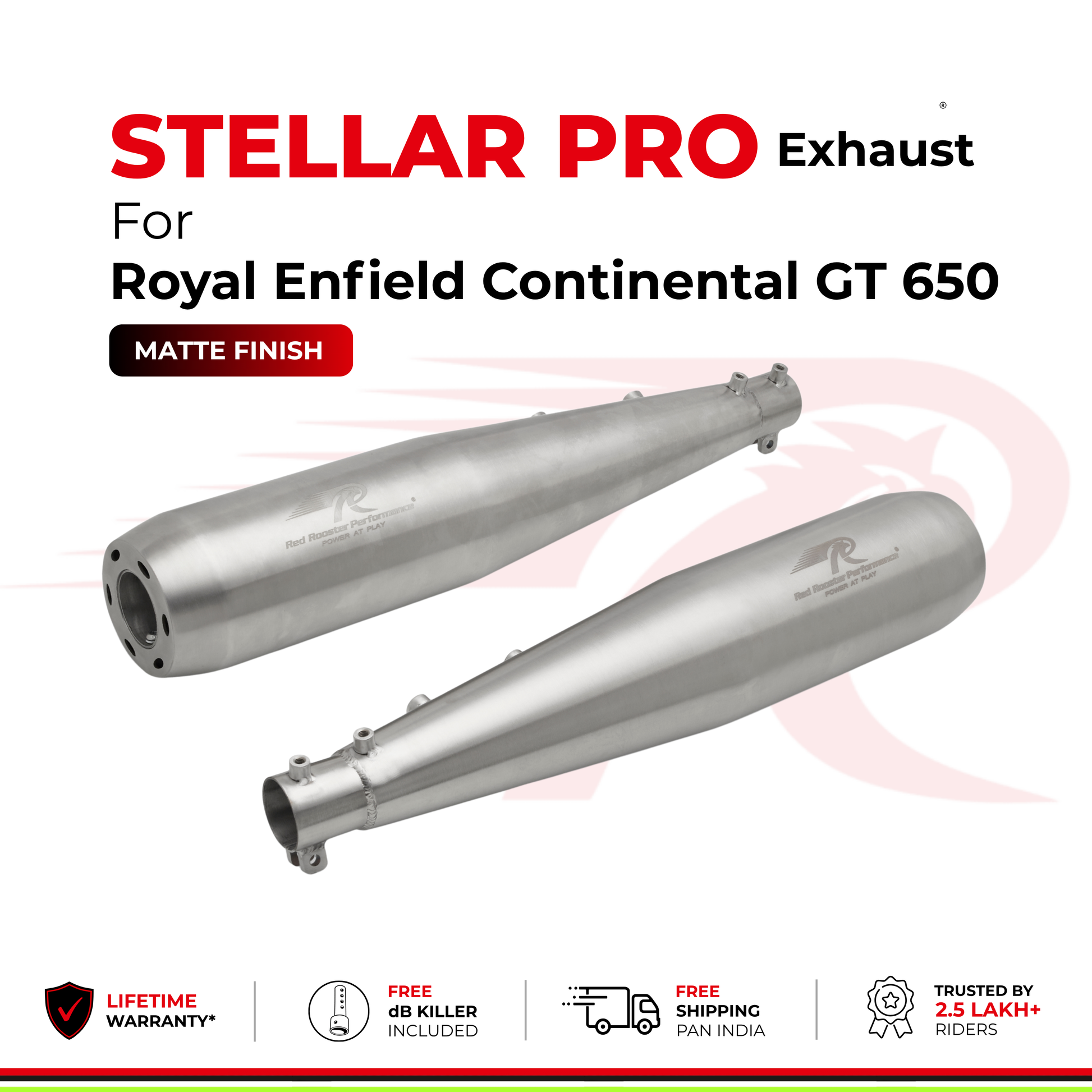 Two metallic matte exhaust pipes for a Royal Enfield Continental GT 650, shown on a white background with promotional text and feature icons.