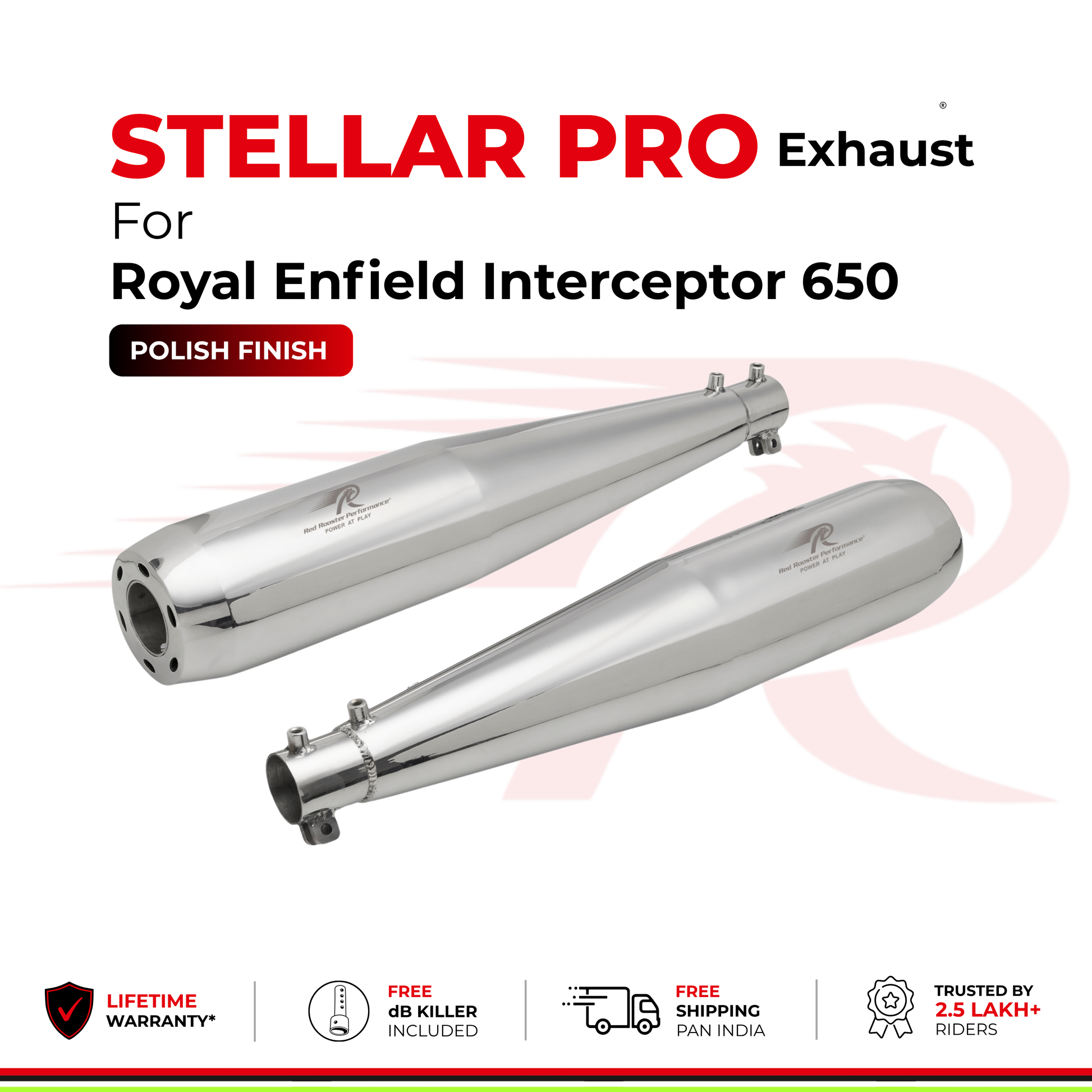 Two polished stainless steel exhaust pipes for a Royal Enfield Interceptor 650 motorcycle, labeled 'STELLAR PRO Exhaust'. The image features promotional text and icons at the bottom indicating a lifetime warranty, free 48K silver ink included, free shipping, and trust by 2.